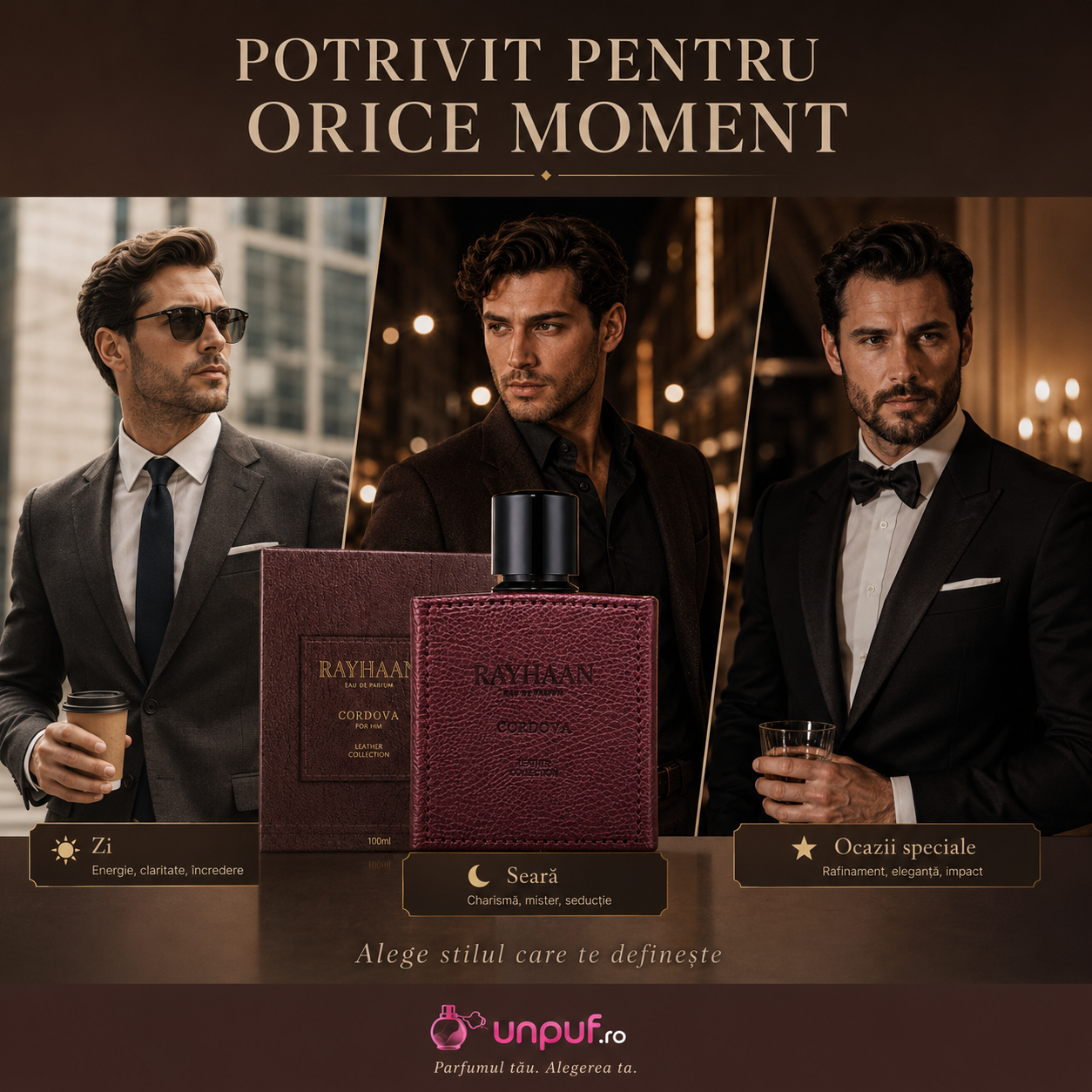 Rayhaan Cordova parfum Arăbesc pentru zi, seară, birou, &icirc;nt&acirc;lniri și evenimente, aromă lemnoasă, pieloasă și ambrată